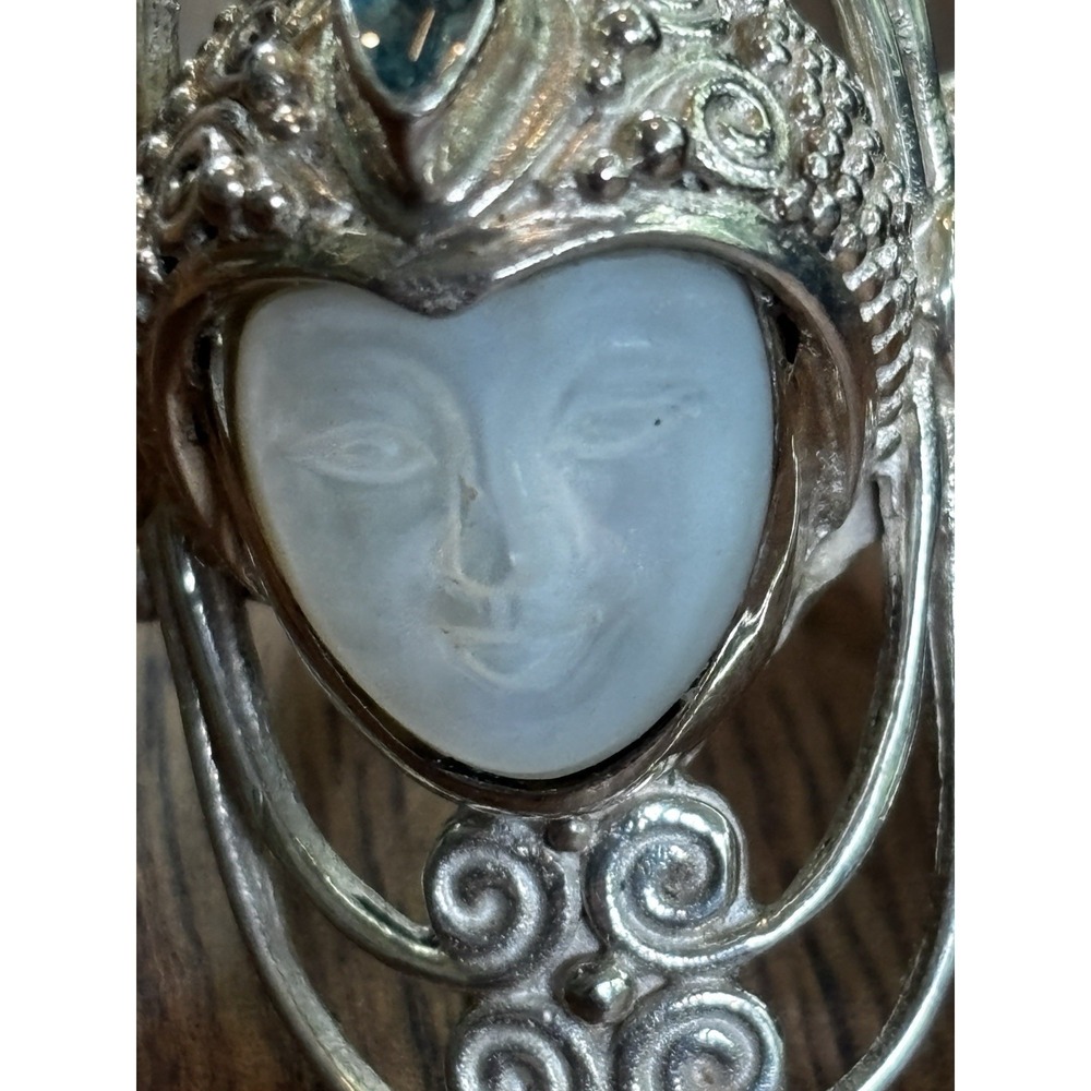 Sagen Mother Of Pearl Carved Goddess Blue Topaz Ring Sterling Silver Size 7.75 - Picture 2 of 11